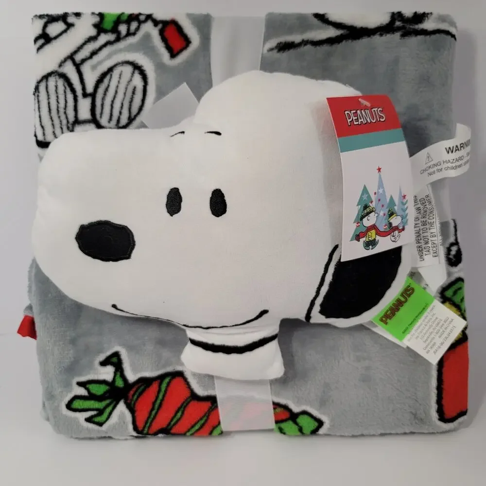 Nogginz Snoopy Peanuts Christmas Pillow‎ Fleece Travel Blanket Set Holiday Gift